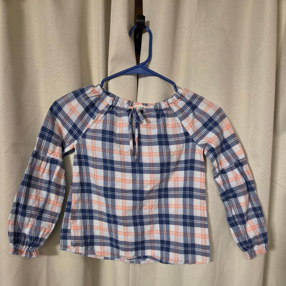 Copper Key Blue and Peach Plaid Kids Peasant Top